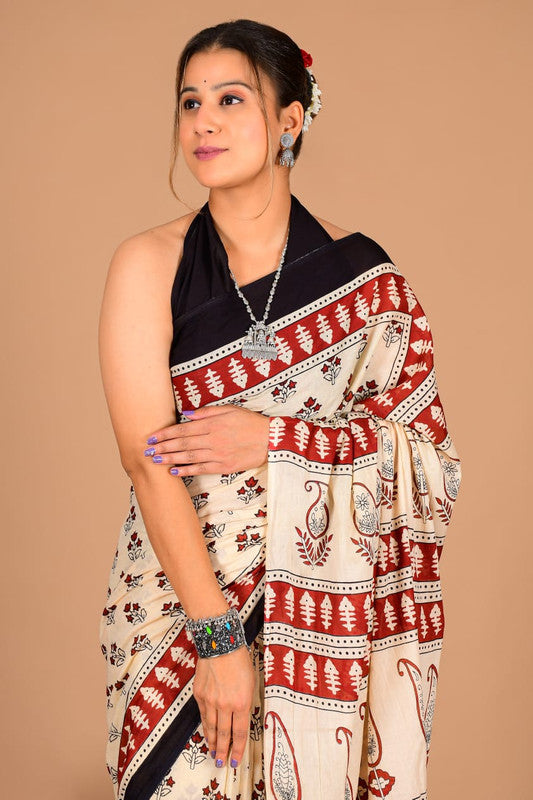 Pure Cotton Mulmul Saree with Floral Paisley Block Print image 2
