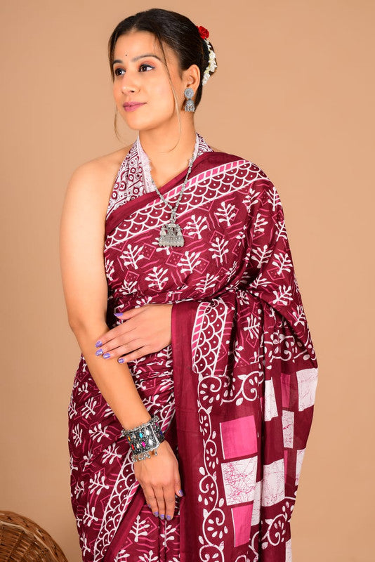 Pure Cotton Mulmul Leaf & Check Pallu Saree image 4