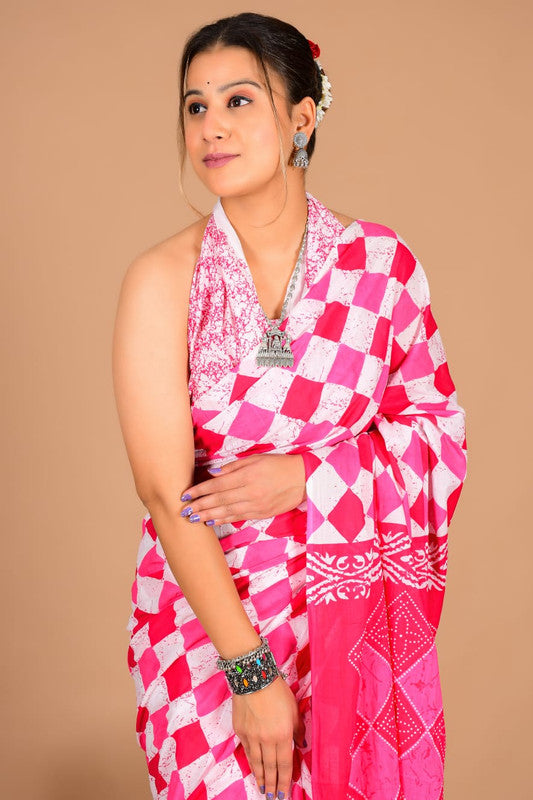 Pure Cotton Mulmul Geometric Check Saree image 4