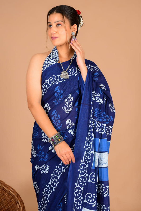 Pure Cotton Mulmul Saree with Floral Swirl & Geometric Print image 2