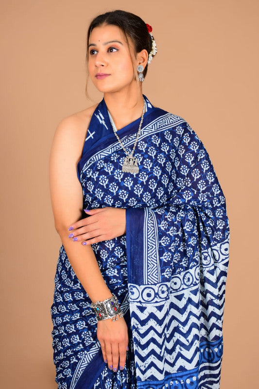 Pure Cotton Mulmul Abstract Block Print Saree with Blouse Piece image 2