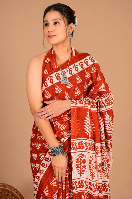 Pure Cotton Mulmul Floral & Leaf Block Print Saree image 4