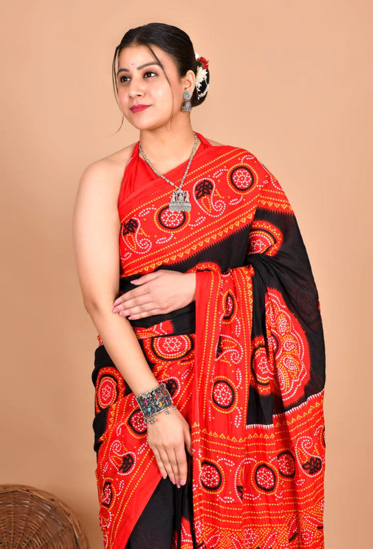 Pure Cotton Mulmul Bandhani Paisley Saree image 2