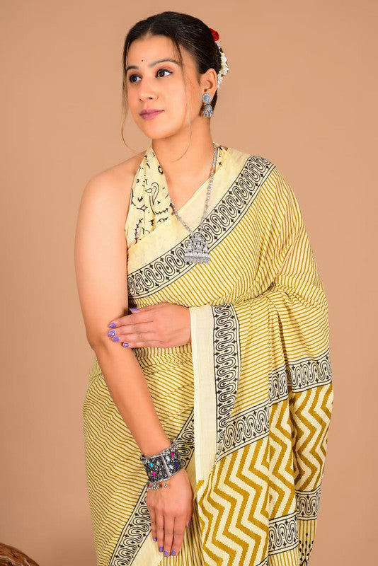 Pure Cotton Mulmul Saree with Striped & Chevron Block Print image 2