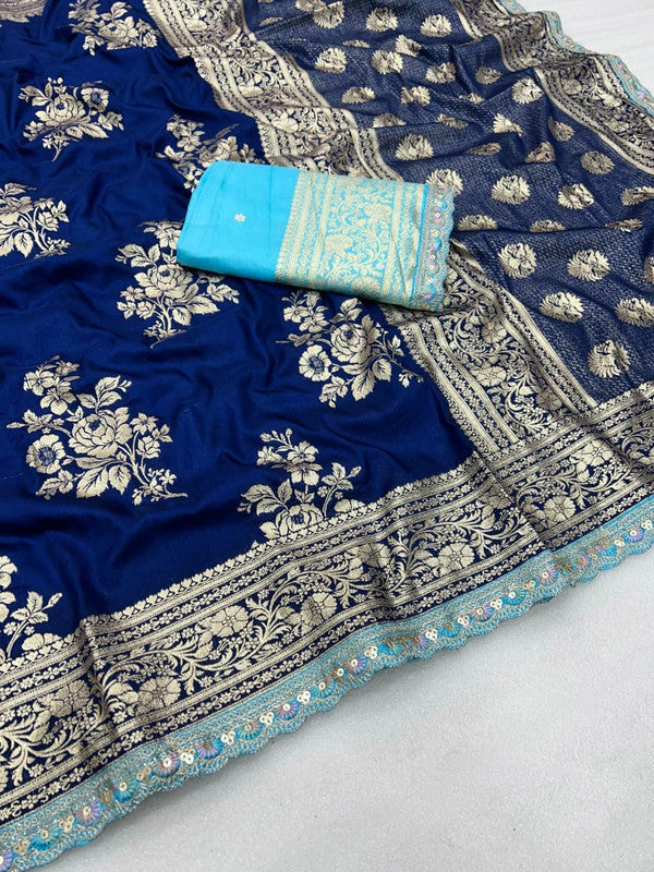 Pure Banarasi Dola Silk Saree with Zari Jaquard Weave & Sequence Cut Work image 2