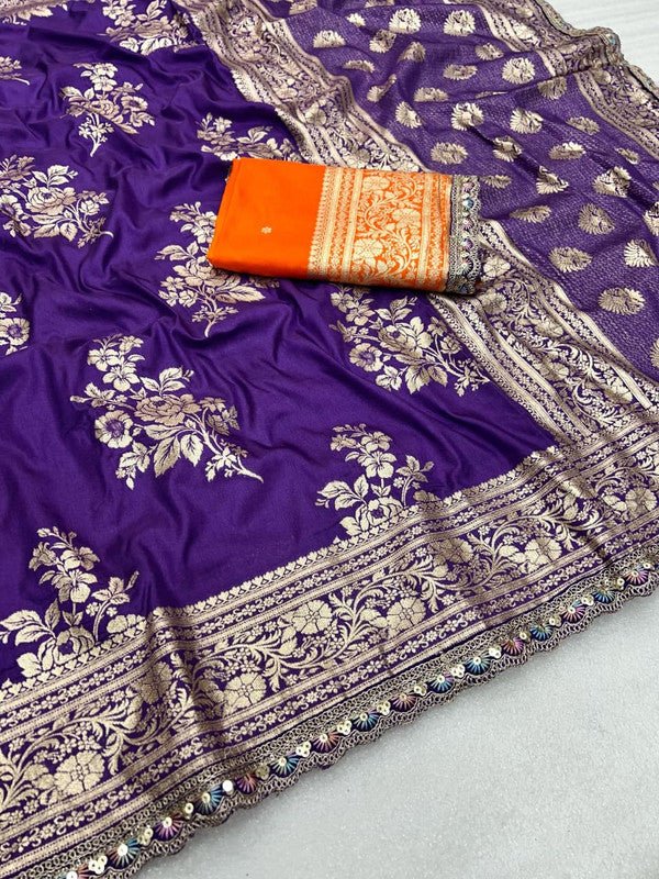 Pure Banarasi Dola Silk Saree with Zari Jaquard Weave & Sequence Cut Work image 10