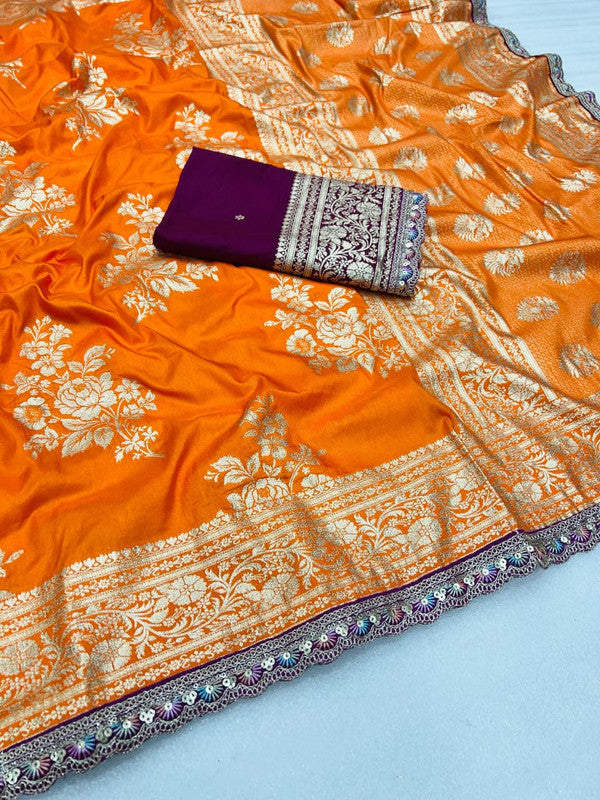 Pure Banarasi Dola Silk Saree with Zari Jaquard Weave & Sequence Cut Work image 5