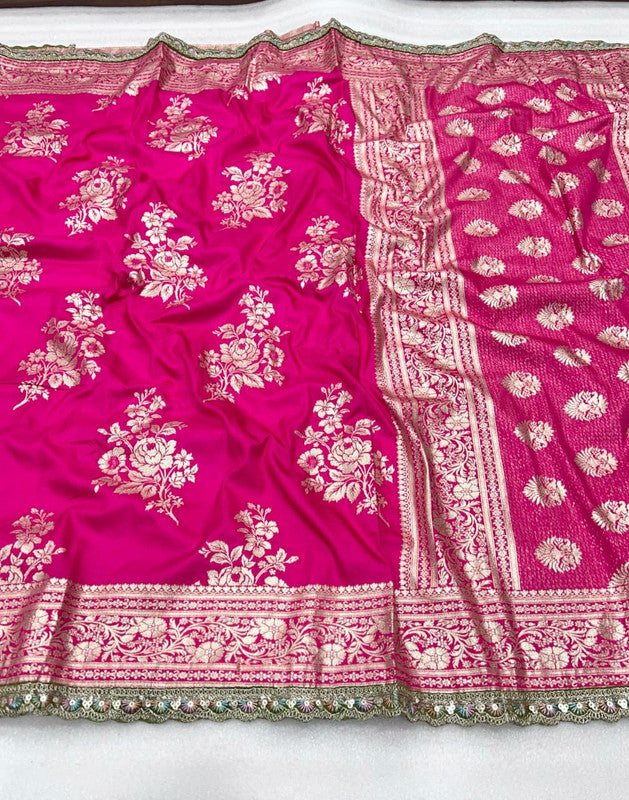 Pure Banarasi Dola Silk Saree with Zari Jaquard Weave & Sequence Cut Work image 8