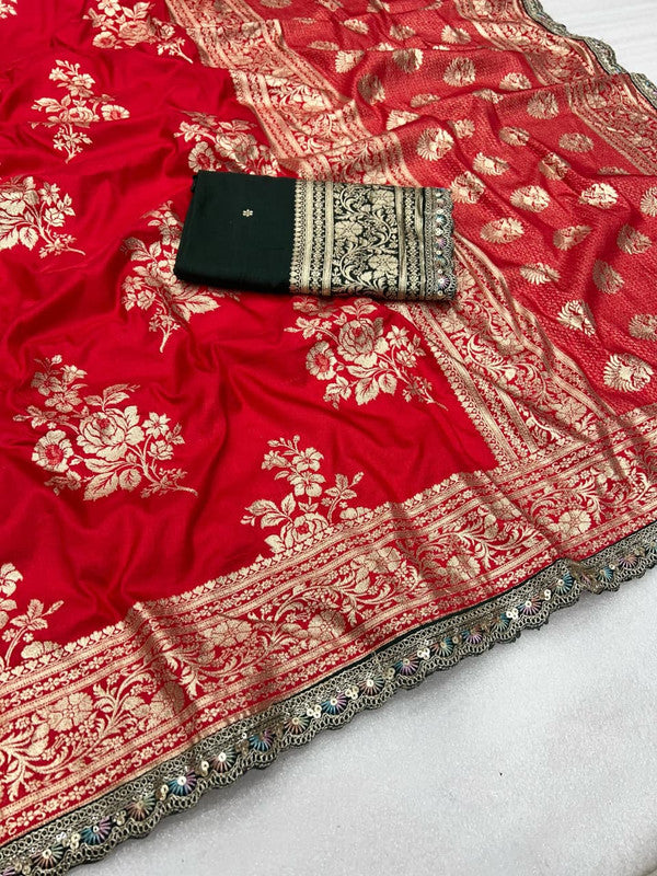 Pure Banarasi Dola Silk Saree with Zari Jaquard Weave & Sequence Cut Work image 13