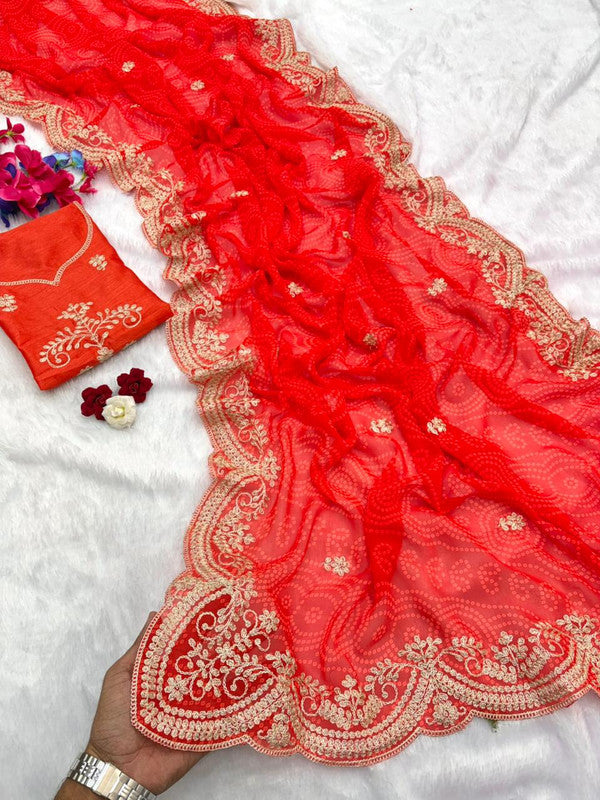Georgette Bandhani Pitta Work Saree with Unstitched Blouse image 9
