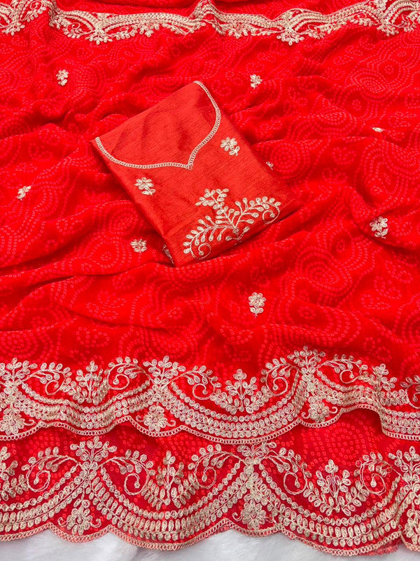 Georgette Bandhani Pitta Work Saree with Unstitched Blouse image 7