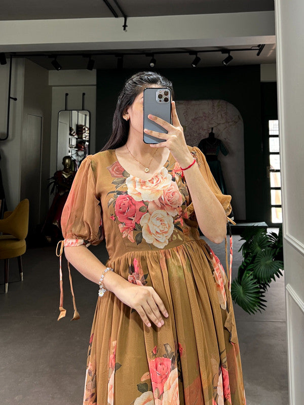 Floral Printed Georgette Ruffled Midi Frock Dress image 4