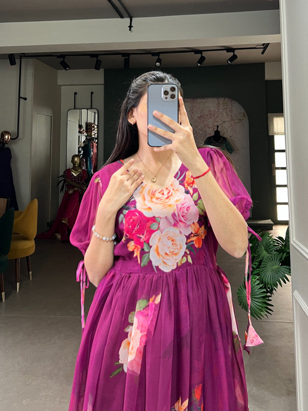 Floral Printed Georgette Ruffled Midi Frock Dress image 12