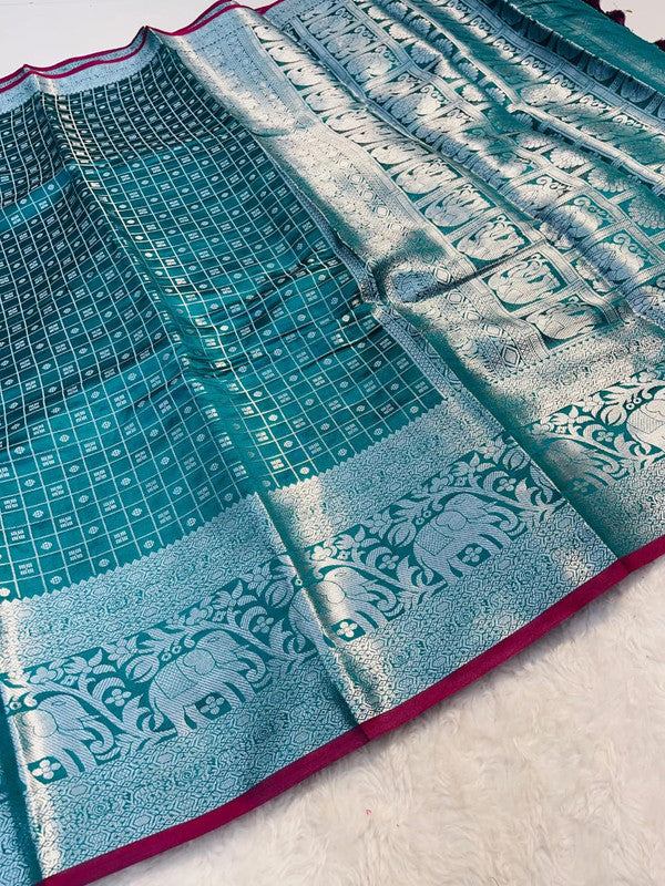 Khicha Checks Woven Silk Saree with Kanchipuram Border image 2