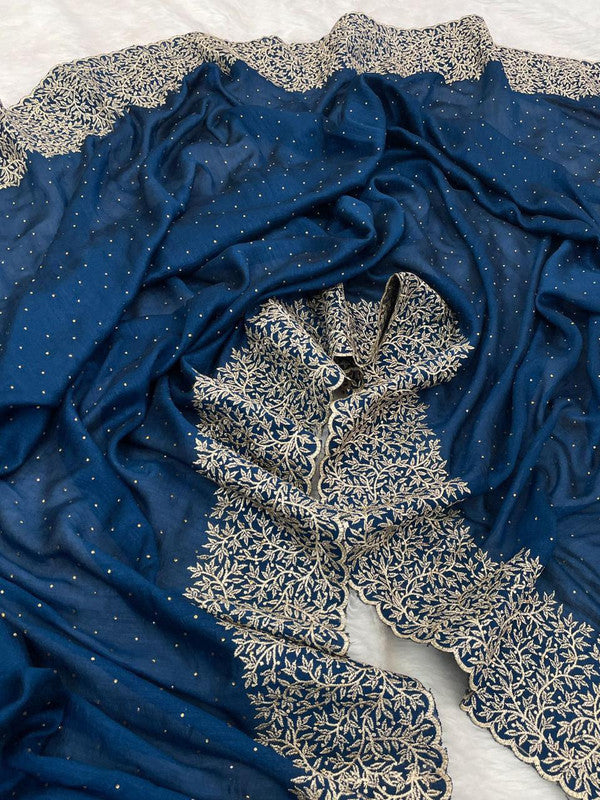 Heavy Embroidered Blooming Vichitra Silk Saree with Cut Work Border image 2