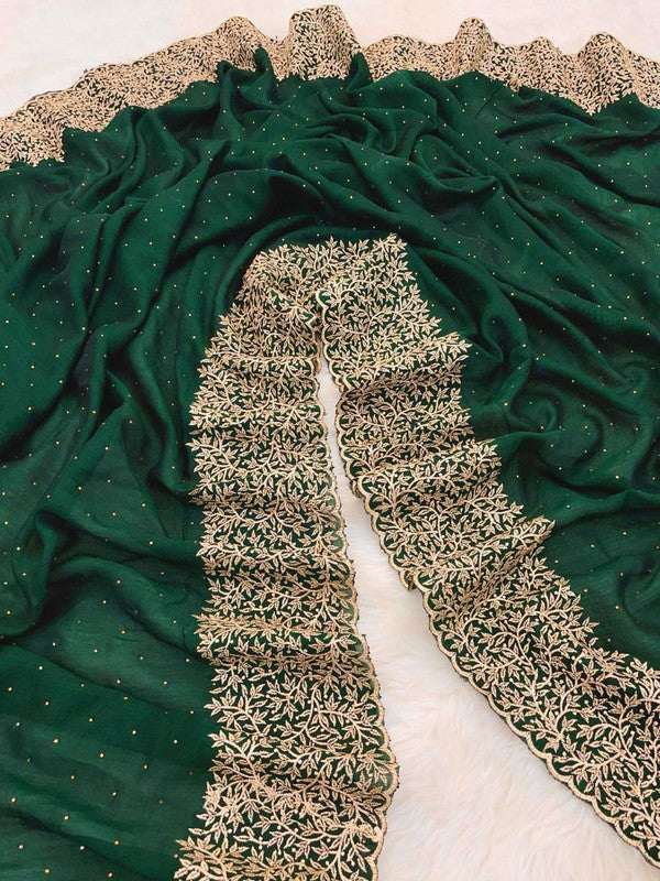 Heavy Embroidered Blooming Vichitra Silk Saree with Cut Work Border image 4
