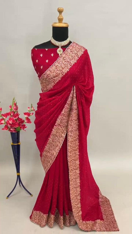 Heavy Embroidered Blooming Vichitra Silk Saree with Cut Work Border image 13