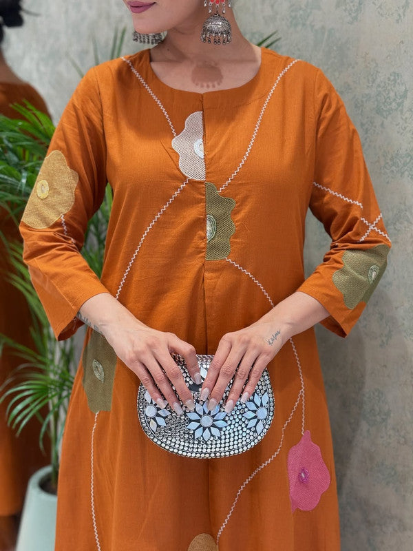 Rust Orange Pure Cotton Embroidered Anarkali Suit Set with Mulmul Dupatta image 2