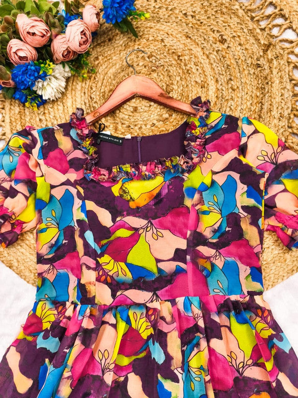 Women's Floral Tiered Georgette Dress with Puff Sleeves image 2