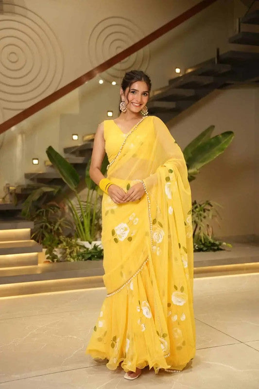 Trendy Soft Georgette Floral Print Pre-Draped Lehenga Saree with Ruffles image 2