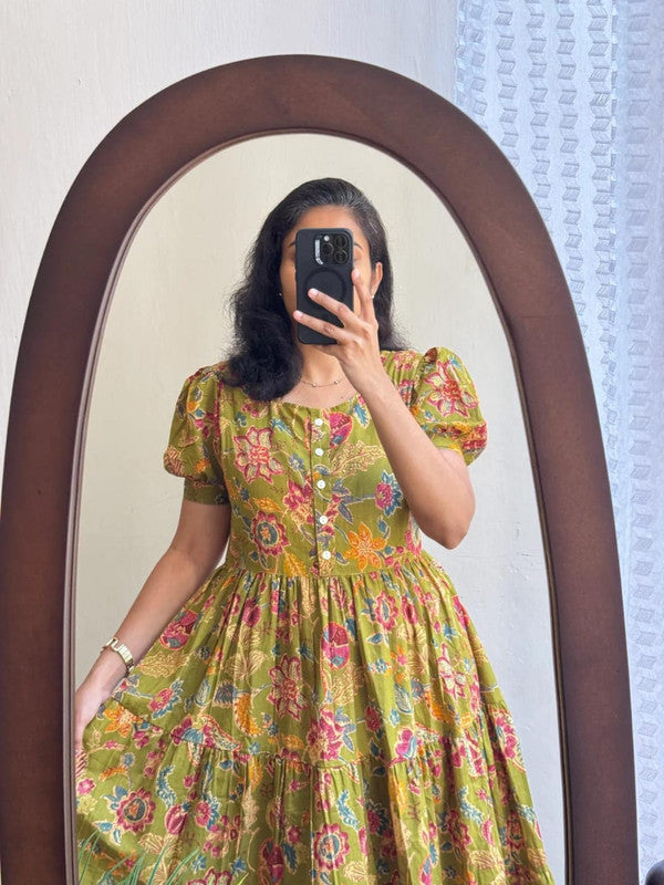 Blue & Green Floral Tiered Midi Cotton Dress with Puffed Sleeves image 6