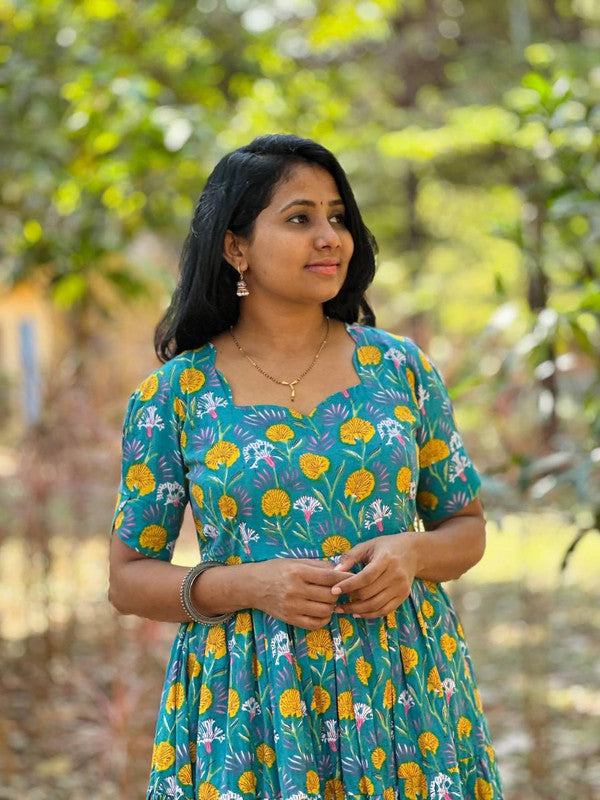 Teal Floral Short Sleeve Tiered Midi Dress - Soft Cotton image 3