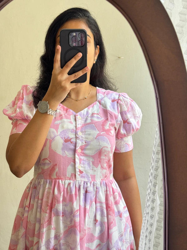 Pink & White Puffed Short Sleeve Tiered Midi Dress - Soft Cotton image 3