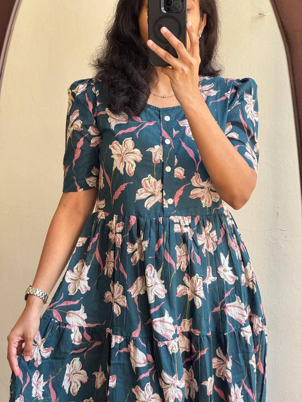 Blue & Green Floral Tiered Midi Cotton Dress with Puffed Sleeves image 3