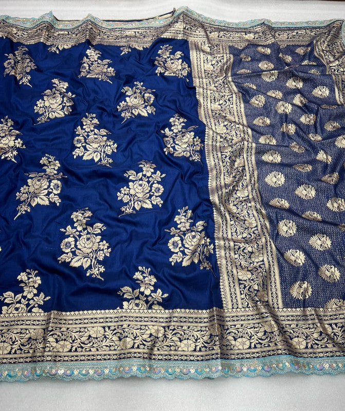 Pure Banarasi Dola Silk Saree with Zari Jaquard Weave & Sequence Cut Work image 3