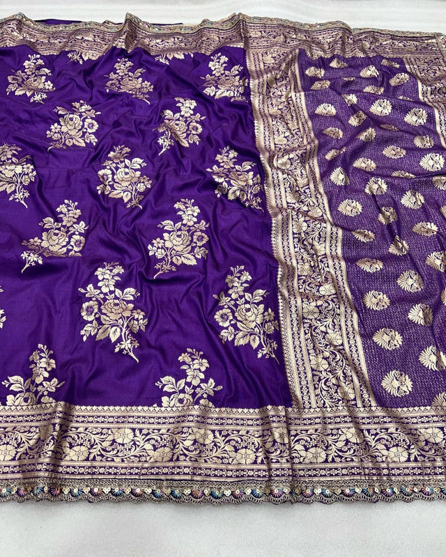 Pure Banarasi Dola Silk Saree with Zari Jaquard Weave & Sequence Cut Work image 11