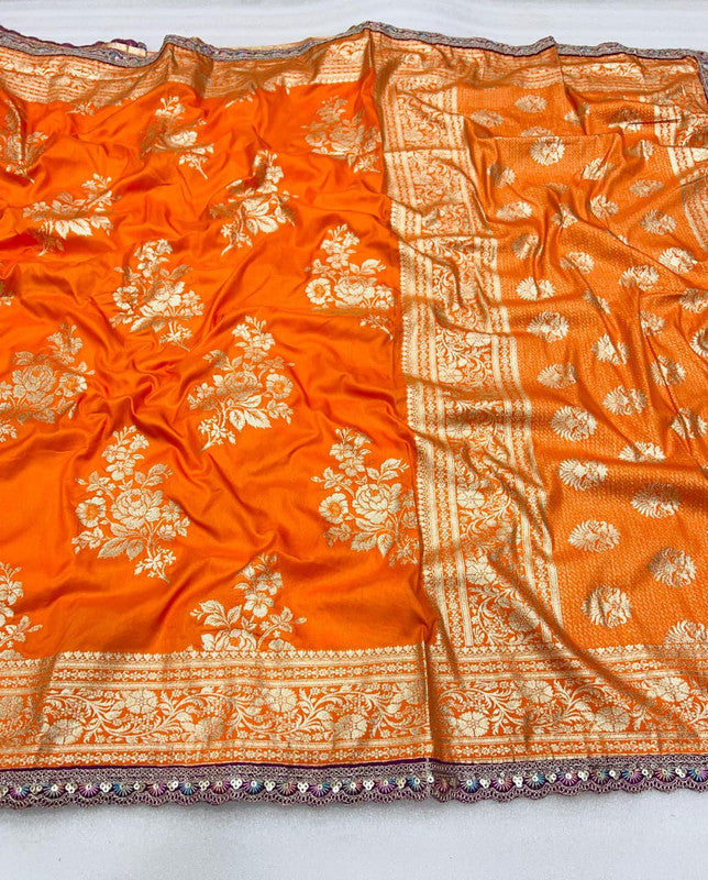 Pure Banarasi Dola Silk Saree with Zari Jaquard Weave & Sequence Cut Work image 6