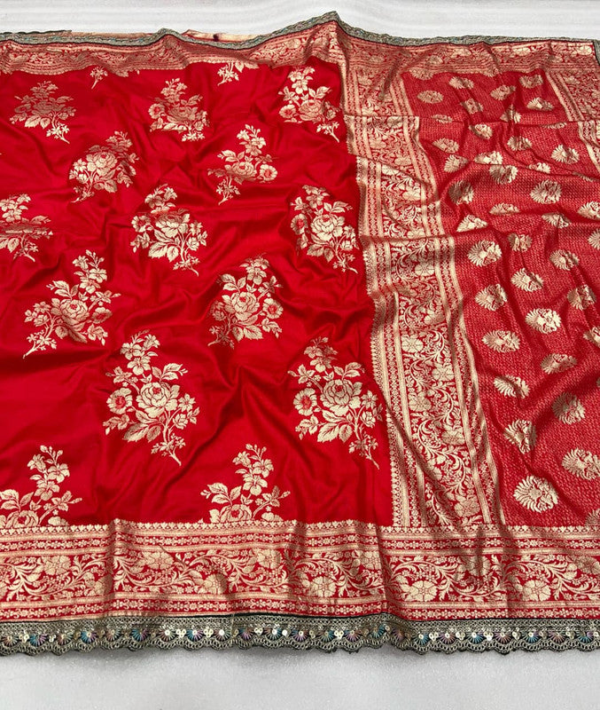Pure Banarasi Dola Silk Saree with Zari Jaquard Weave & Sequence Cut Work image 14