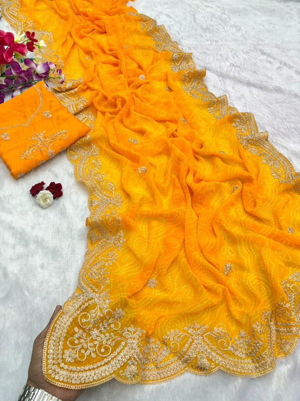 Georgette Bandhani Pitta Work Saree with Unstitched Blouse image 12