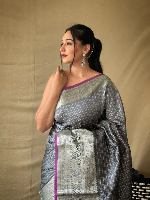 Khicha Checks Woven Silk Saree with Kanchipuram Border image 8