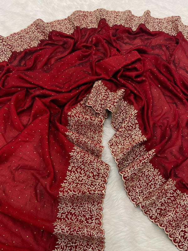 Heavy Embroidered Blooming Vichitra Silk Saree with Cut Work Border image 7