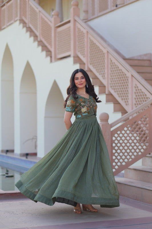 Silver Crunchy Fabric Koti Gown with Embroidery image 4