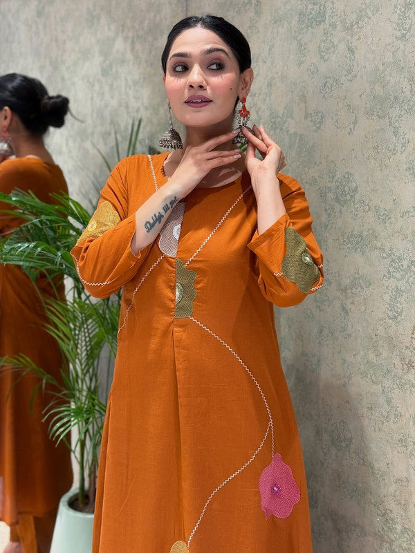 Rust Orange Pure Cotton Embroidered Anarkali Suit Set with Mulmul Dupatta image 3