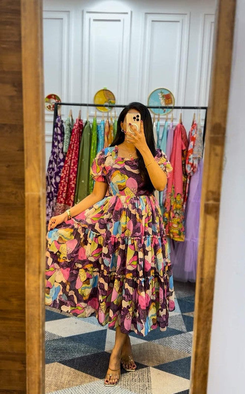 Women's Floral Tiered Georgette Dress with Puff Sleeves image 3