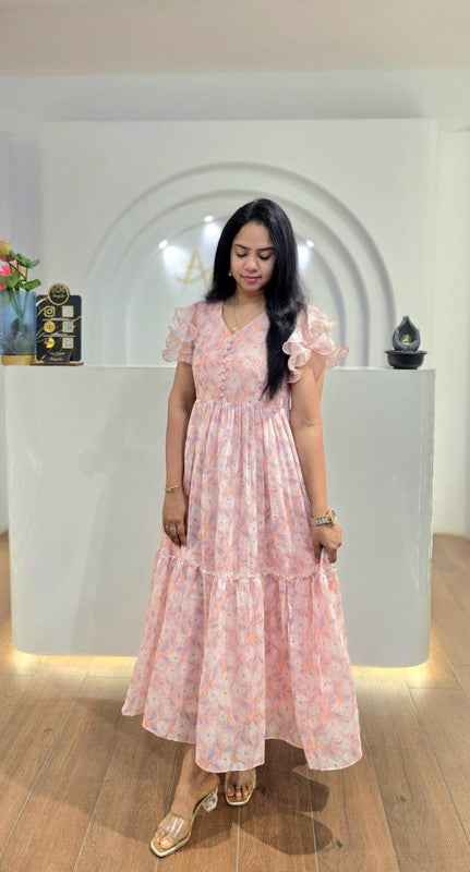 Pink V-Neck Flutter Sleeve Tiered Floral Georgette Maxi Dress image 4
