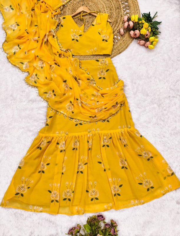 Trendy Soft Georgette Floral Print Pre-Draped Lehenga Saree with Ruffles image 4