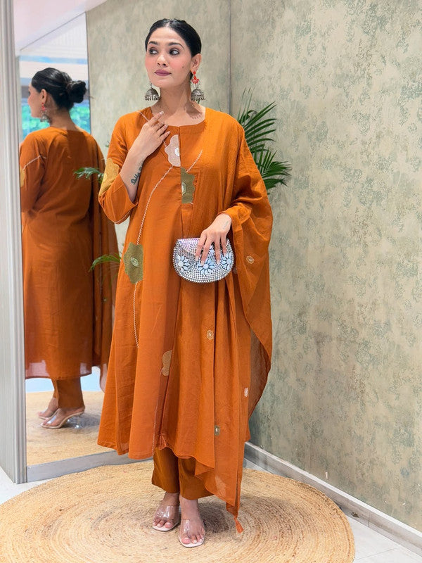 Rust Orange Pure Cotton Embroidered Anarkali Suit Set with Mulmul Dupatta image 4