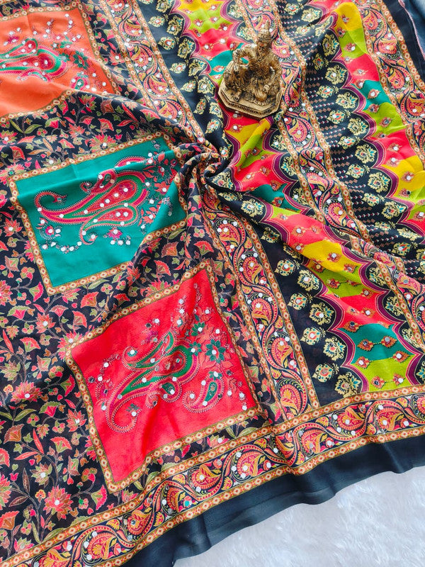Heavy Georgette Saree with Mosaic Digital Print & 2500 Mirror Work Units image 5