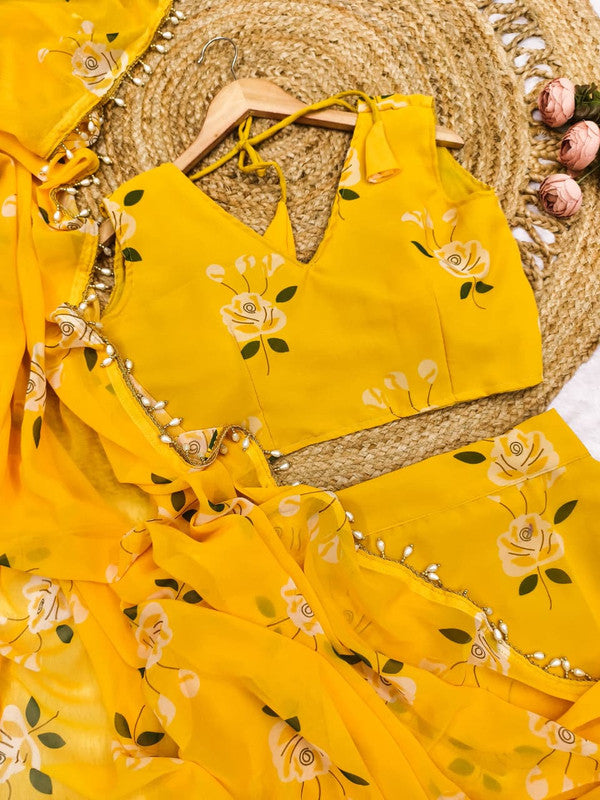 Trendy Soft Georgette Floral Print Pre-Draped Lehenga Saree with Ruffles image 5
