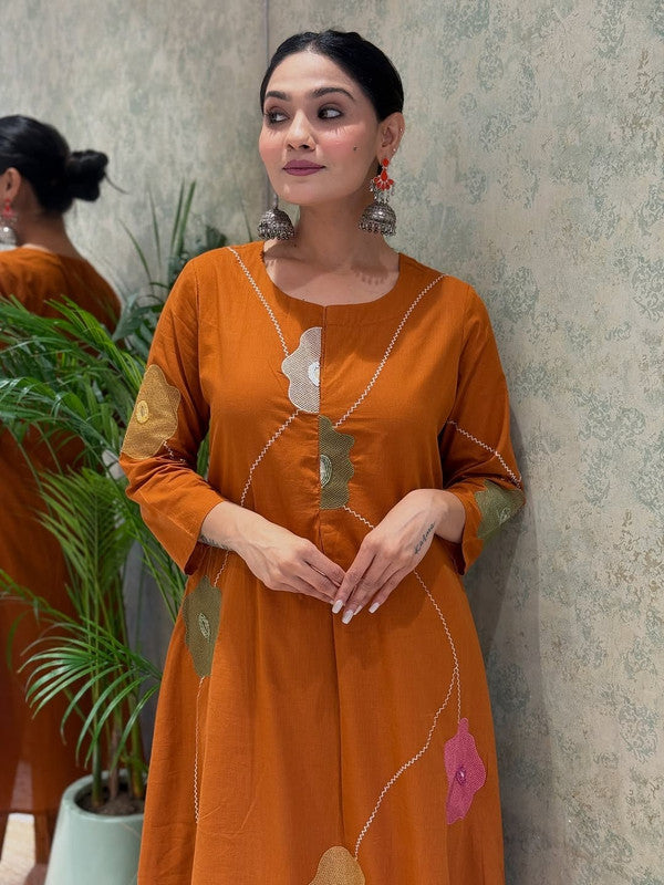 Rust Orange Pure Cotton Embroidered Anarkali Suit Set with Mulmul Dupatta image 5