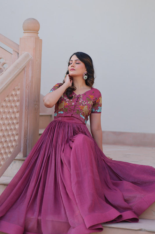Silver Crunchy Fabric Koti Gown with Embroidery image 15