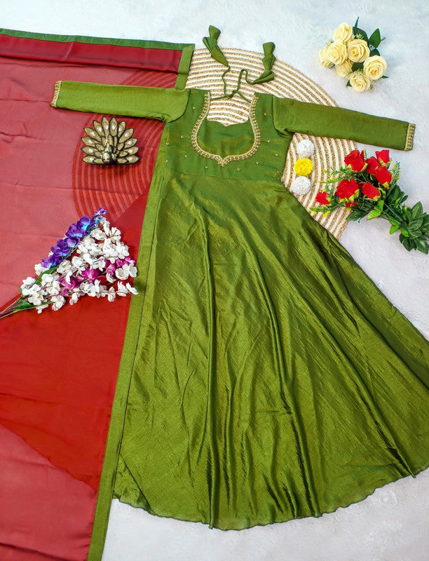Designer Hand Work Anarkali Gown with Rangoli Silk Dupatta image 6