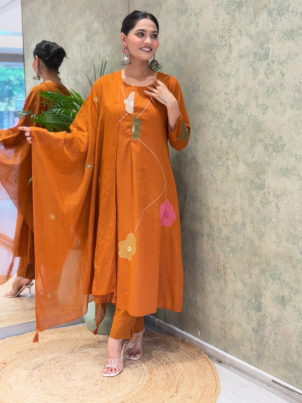 Rust Orange Pure Cotton Embroidered Anarkali Suit Set with Mulmul Dupatta image 6