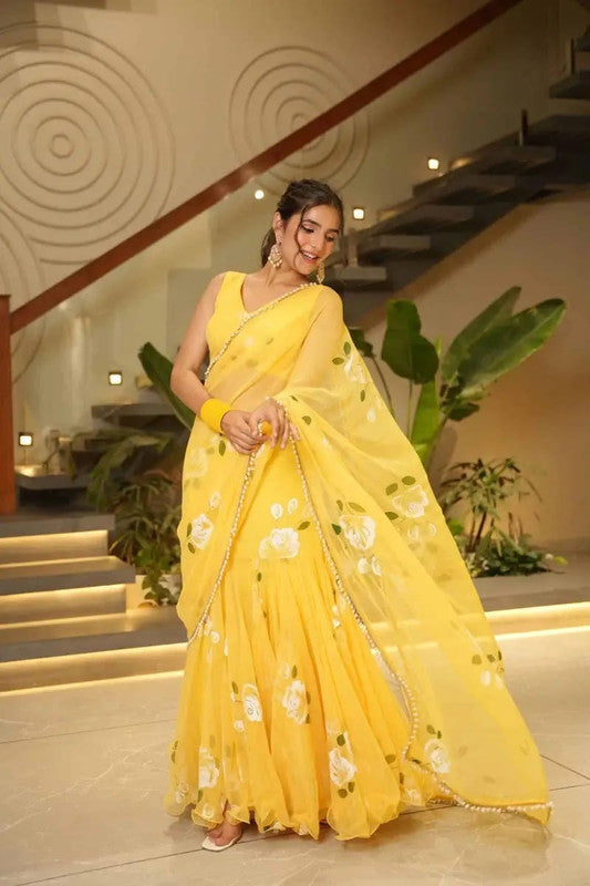 Trendy Soft Georgette Floral Print Pre-Draped Lehenga Saree with Ruffles image 7