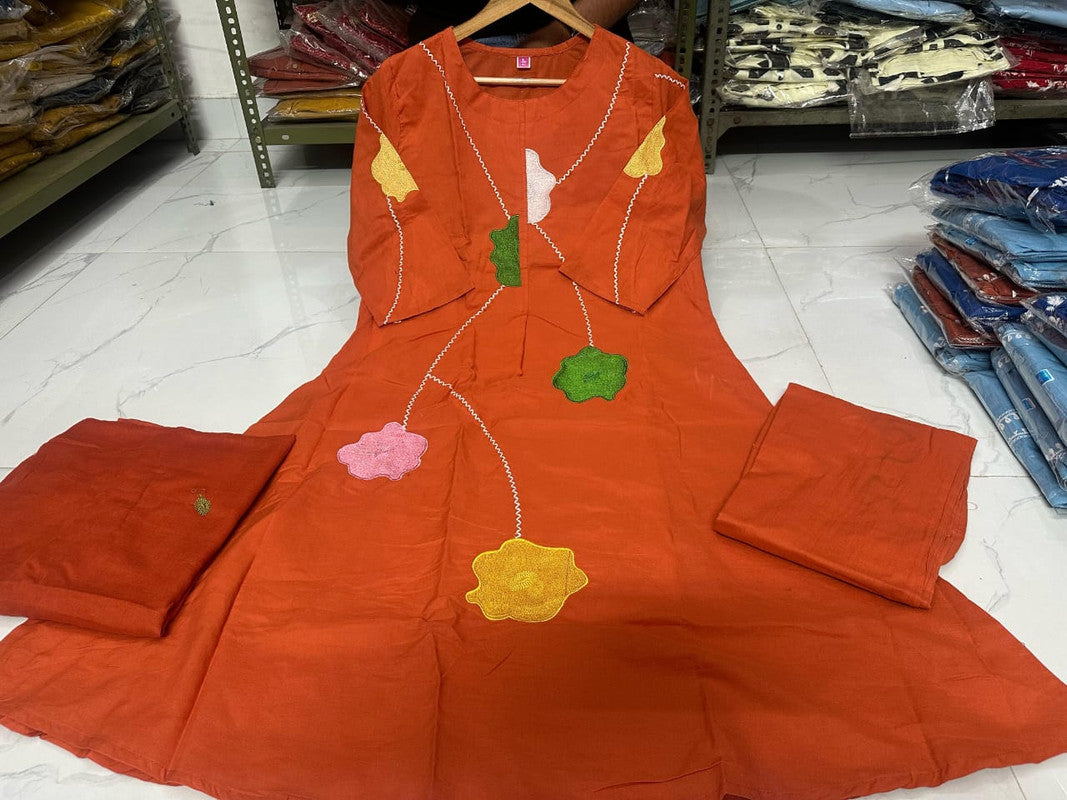 Rust Orange Pure Cotton Embroidered Anarkali Suit Set with Mulmul Dupatta image 7