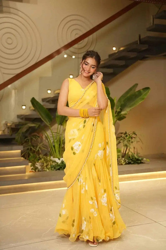Trendy Soft Georgette Floral Print Pre-Draped Lehenga Saree with Ruffles image 8
